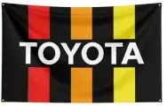 Toyota logo with red, orange, and yellow vertical stripes on black.